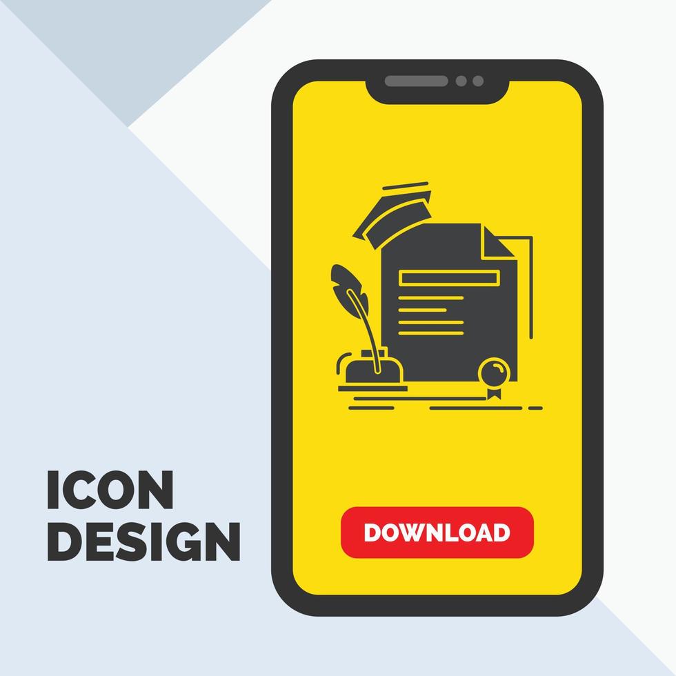 certificate. degree. education. award. agreement Glyph Icon in Mobile for Download Page. Yellow Background vector