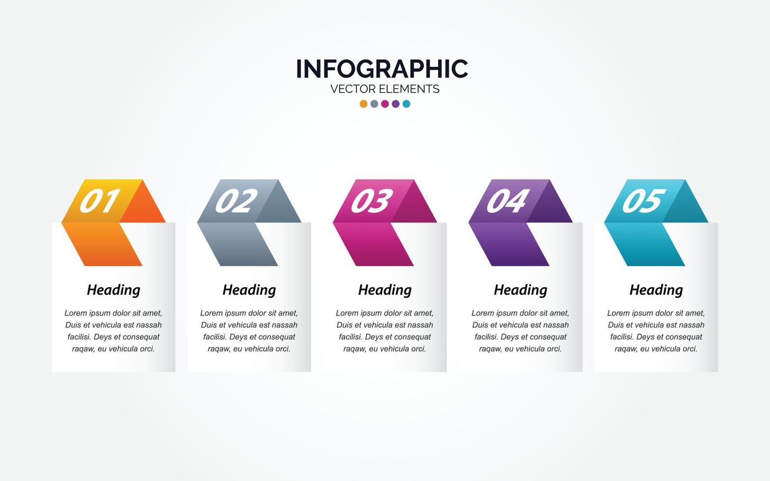 Carpeta de plantilla colorida de diseño vectorial de marketing comercial infográfico horizontal 5 opciones o pasos en un estilo mínimo. vector