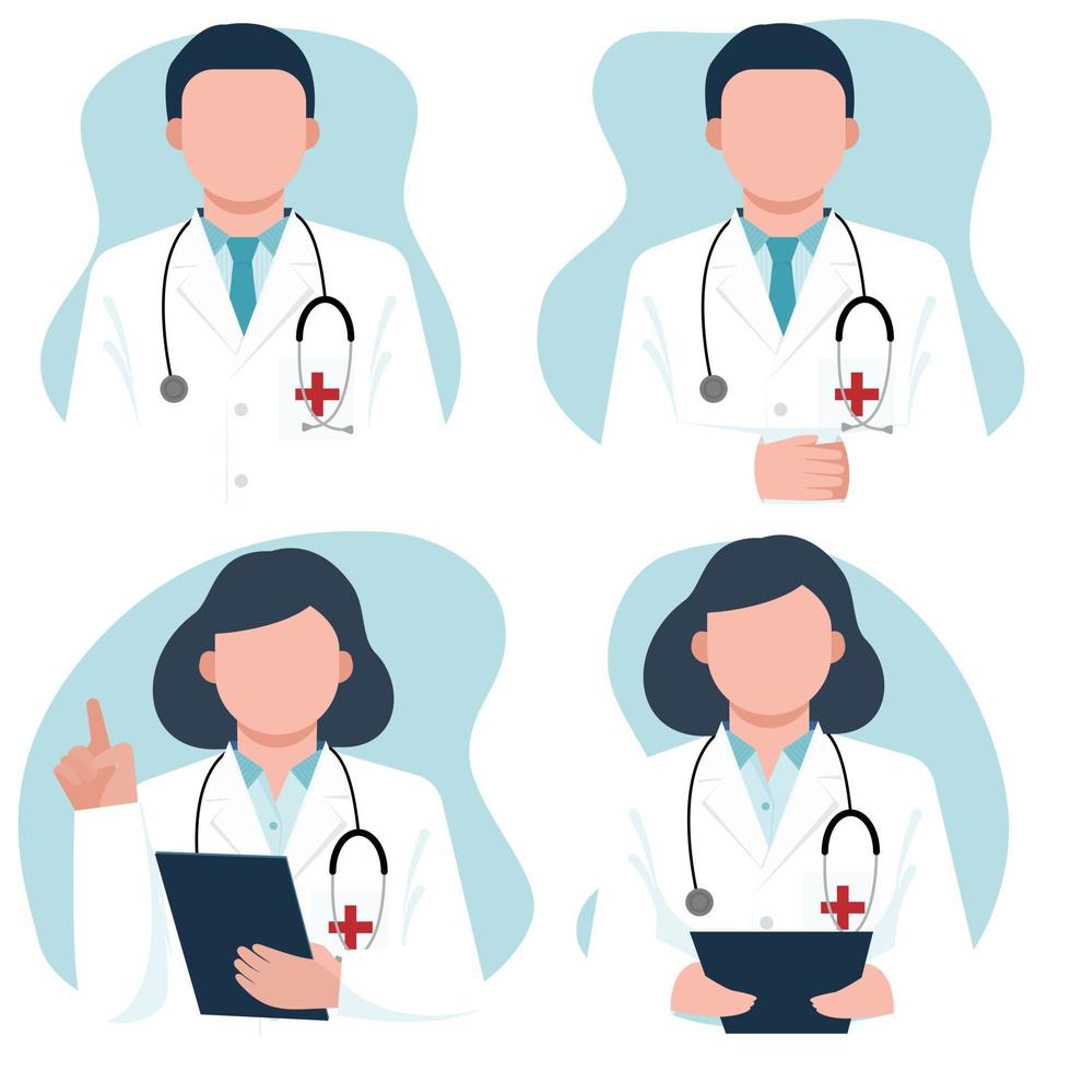 Set of doctor on uniform, professional team. Flat vector illustration.