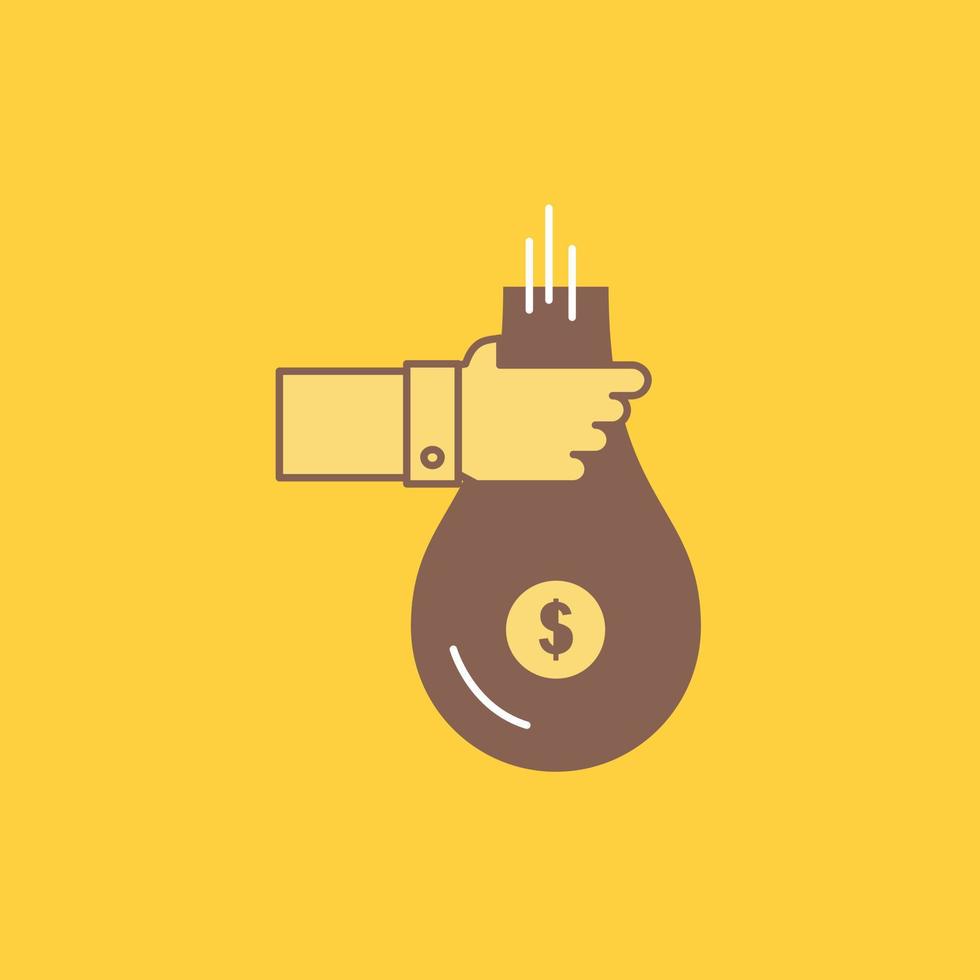 Bag. finance. give. investment. money. offer Flat Line Filled Icon. Beautiful Logo button over yellow background for UI and UX. website or mobile application vector