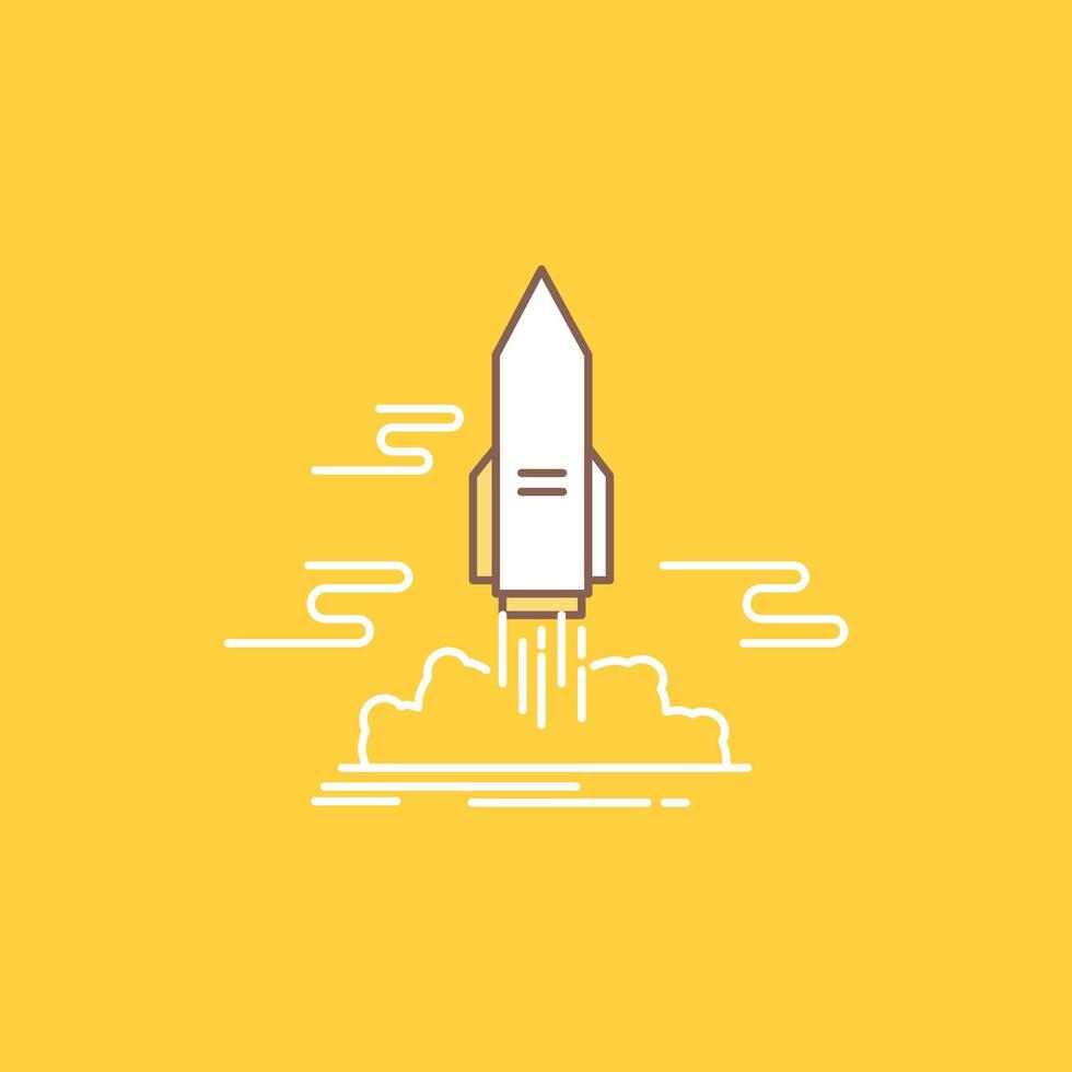 launch. Publish. App. shuttle. space Flat Line Filled Icon. Beautiful Logo button over yellow background for UI and UX. website or mobile application vector