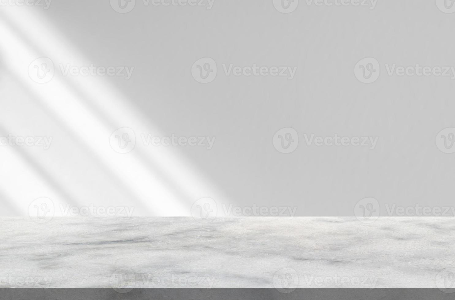 Marble table with window shadow drop on white wall background for mockup product display photo