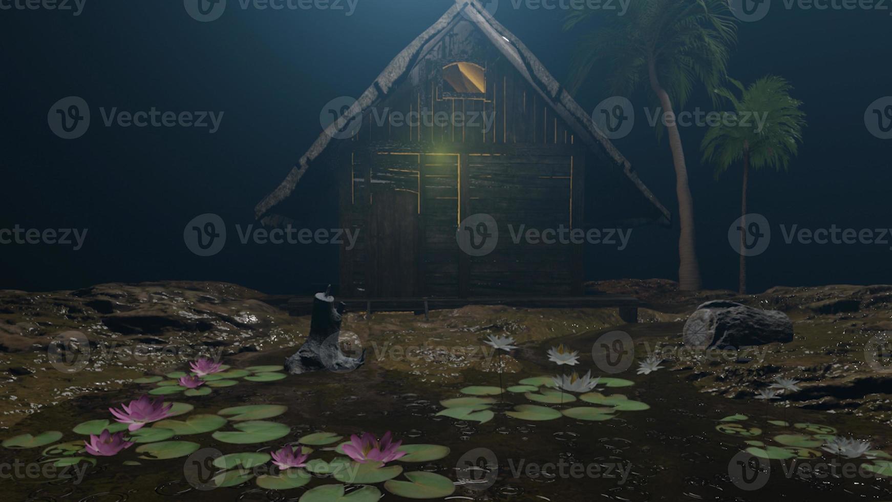 casa sobre pilotes con estanque de loto en la noche en un pueblo remoto, paisaje en el campo foto