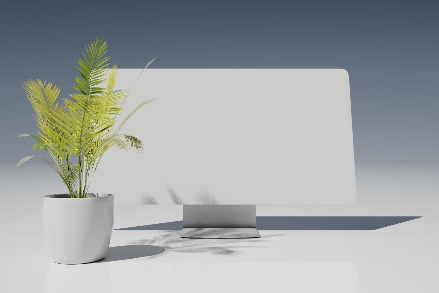 monitor blanco con planta en el pott maqueta vacía 3d render. foto