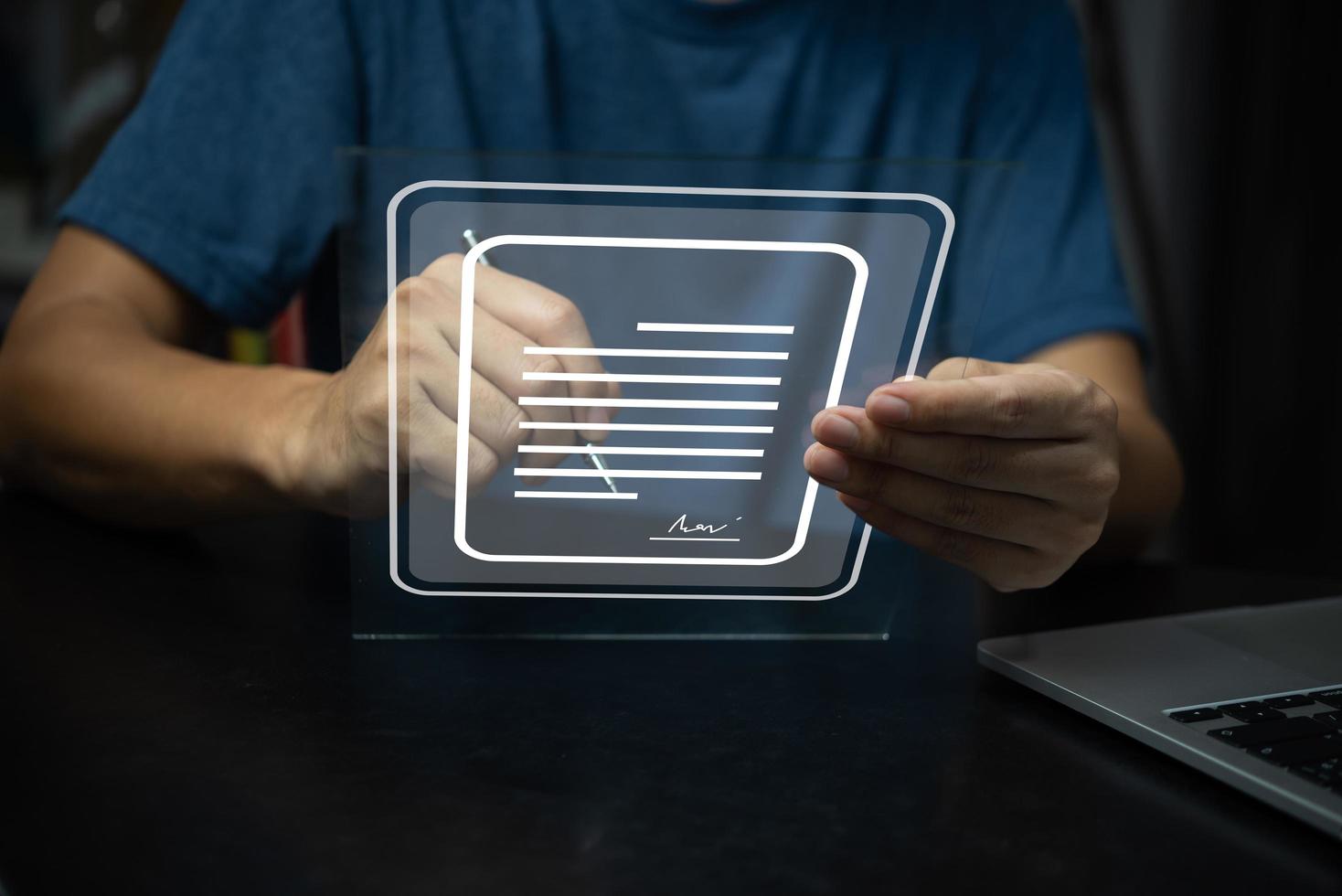 Online business contract Electronic signature, e-signing document digital cyber network. photo