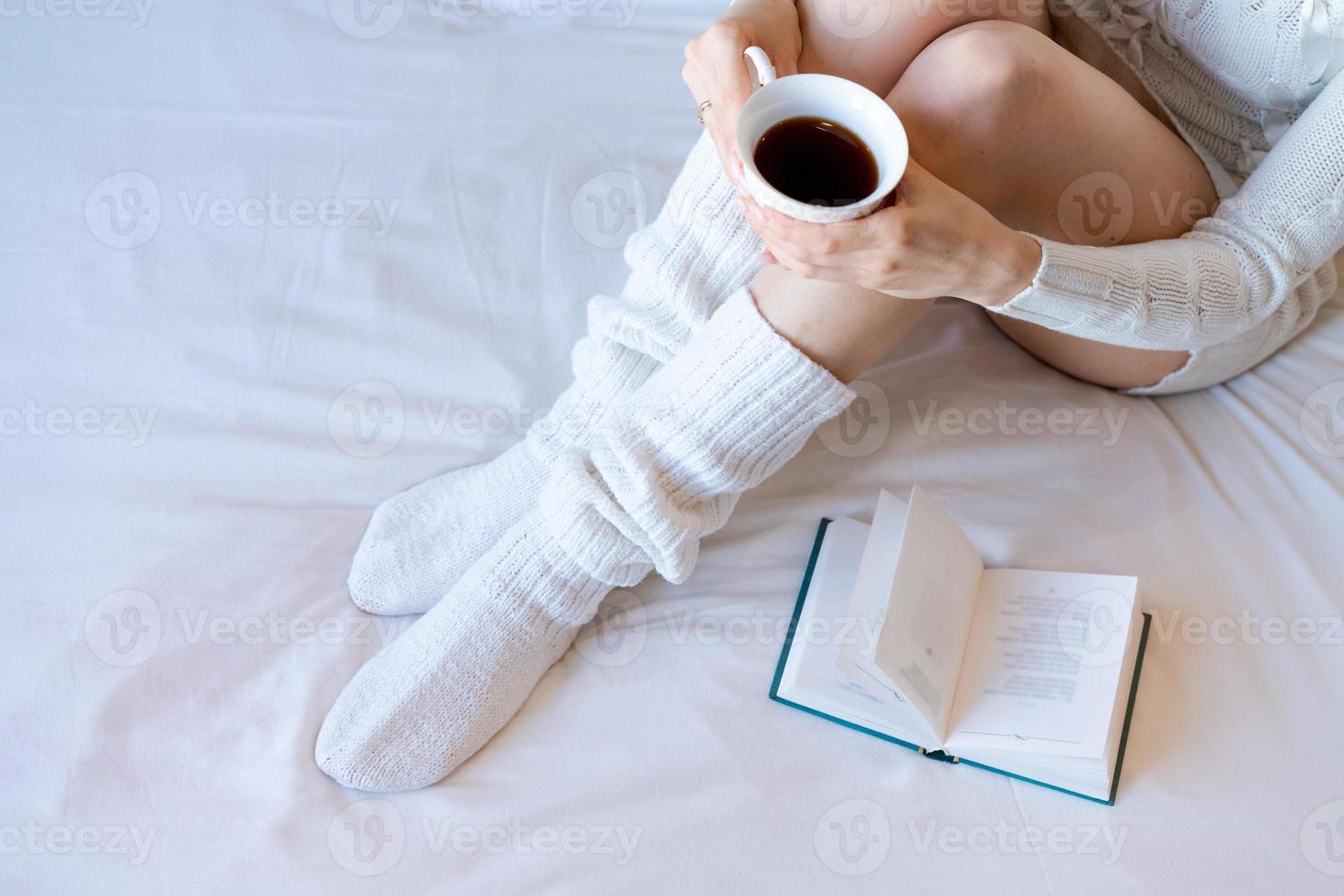 Beauty portrait relaxed woman in morning and drinking coffee in bed. Attractive photo