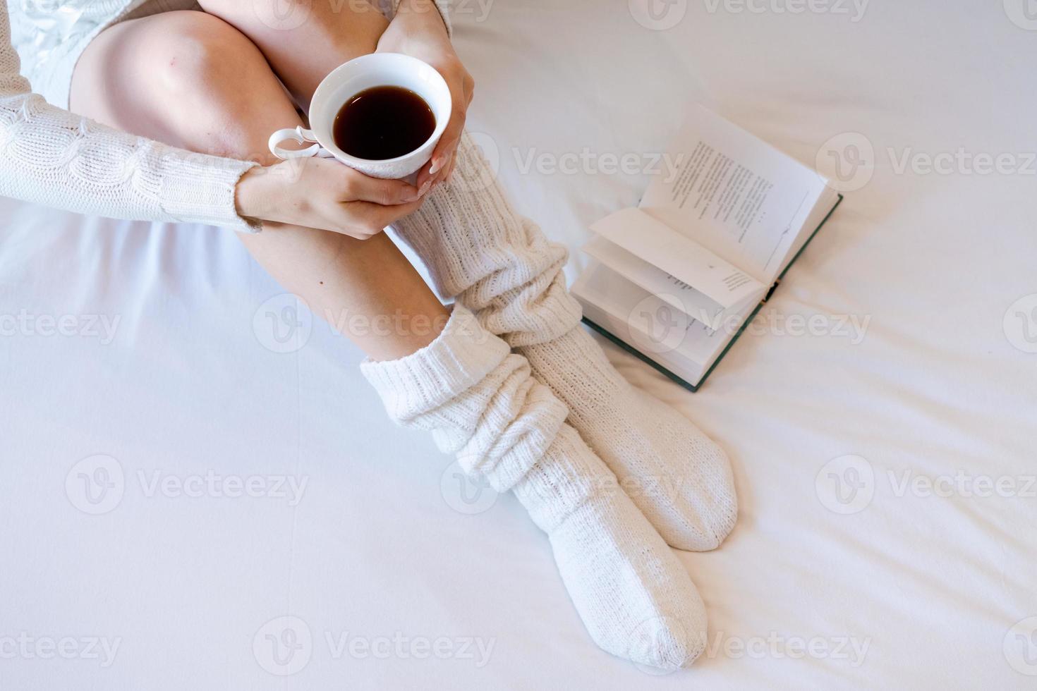 Beauty portrait relaxed woman in morning and drinking coffee in bed. Attractive photo