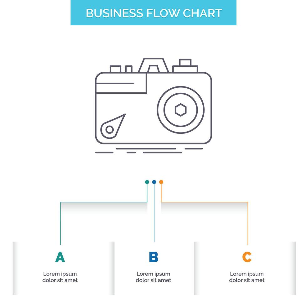 cámara. fotografía. captura. foto. diseño de diagrama de flujo comercial de apertura con 3 pasos. icono de línea para el lugar de plantilla de fondo de presentación para texto vector