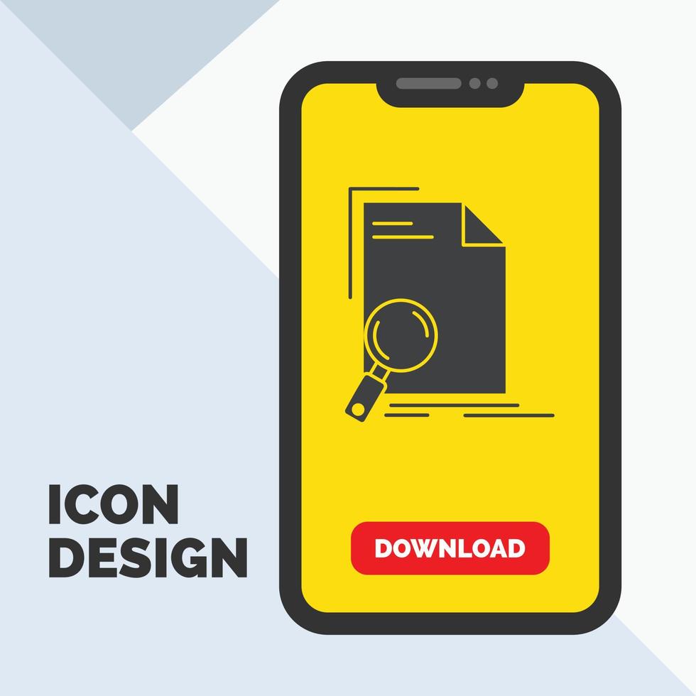 Analysis. document. file. find. page Glyph Icon in Mobile for Download Page. Yellow Background vector