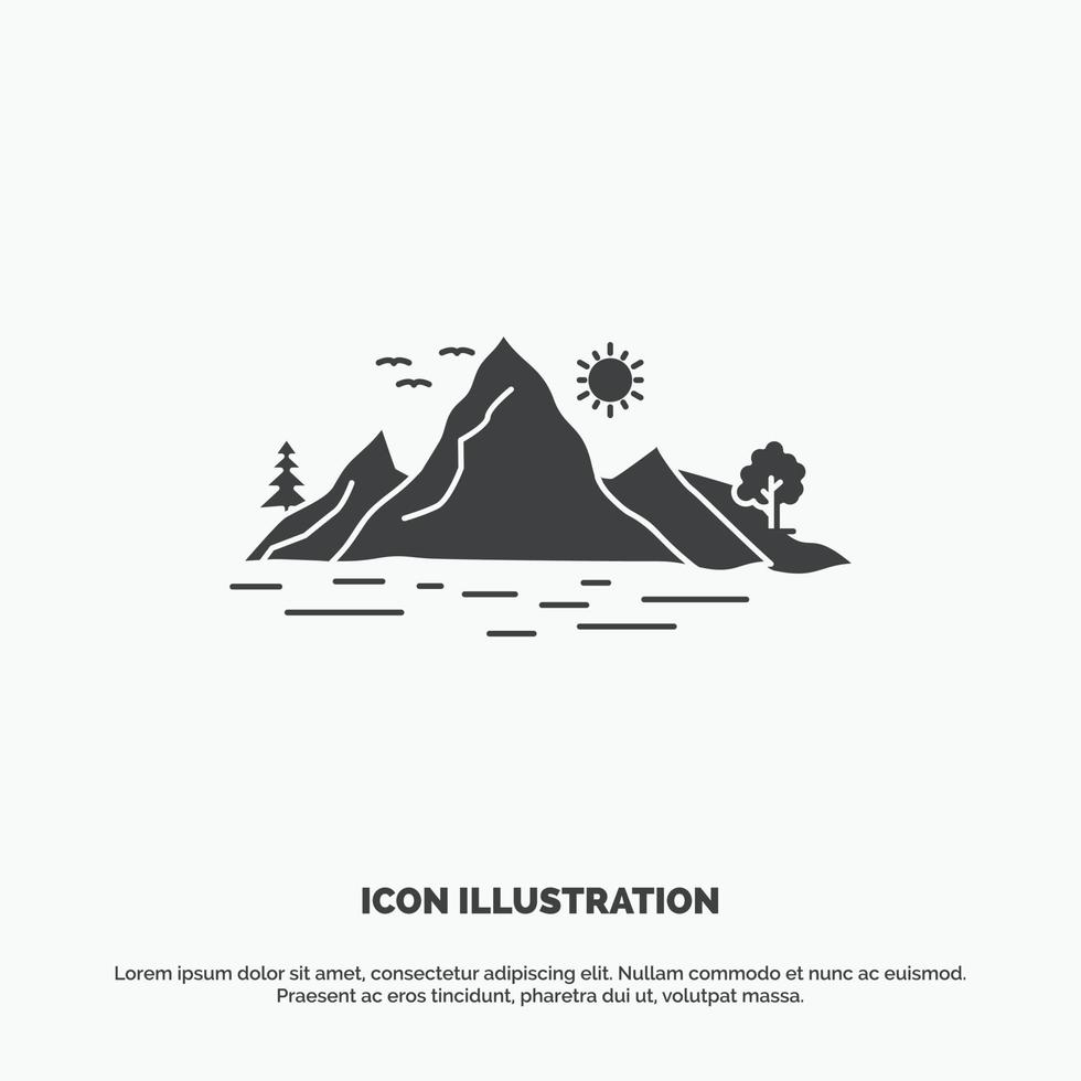 naturaleza. Cerro. paisaje. montaña. icono de árbol símbolo gris vectorial de glifo para ui y ux. sitio web o aplicación móvil vector