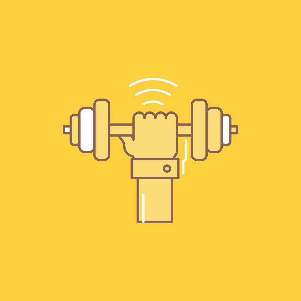 Dumbbell. gain. lifting. power. sport Flat Line Filled Icon. Beautiful Logo button over yellow background for UI and UX. website or mobile application vector