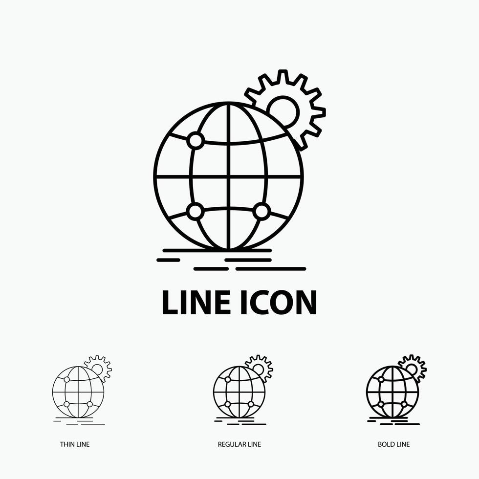 international. business. globe. world wide. gear Icon in Thin. Regular and Bold Line Style. Vector illustration