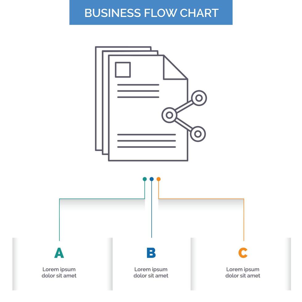 content. files. sharing. share. document Business Flow Chart Design with 3 Steps. Line Icon For Presentation Background Template Place for text vector