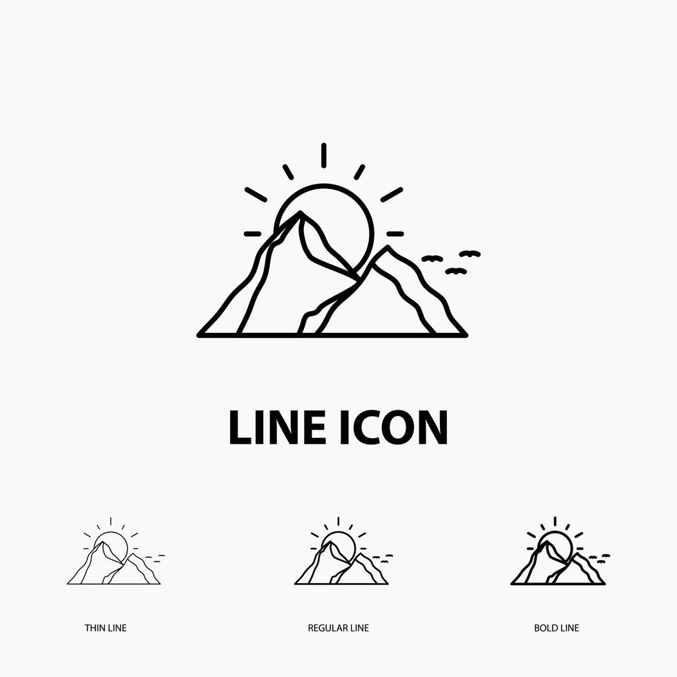 hill. landscape. nature. mountain. sun Icon in Thin. Regular and Bold Line Style. Vector illustration