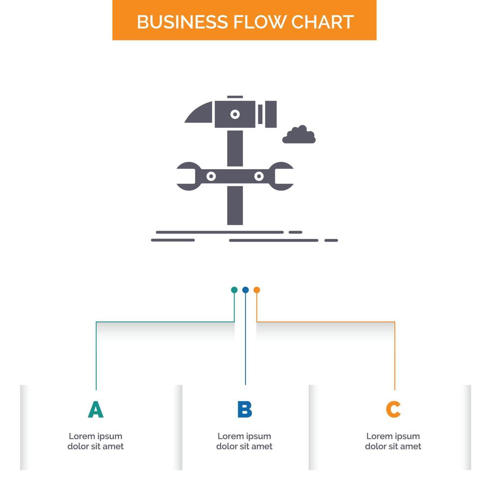 construir. ingeniería. martillo. reparar. diseño de diagrama de flujo de negocio de servicio con 3 pasos. icono de glifo para el lugar de plantilla de fondo de presentación para texto. vector