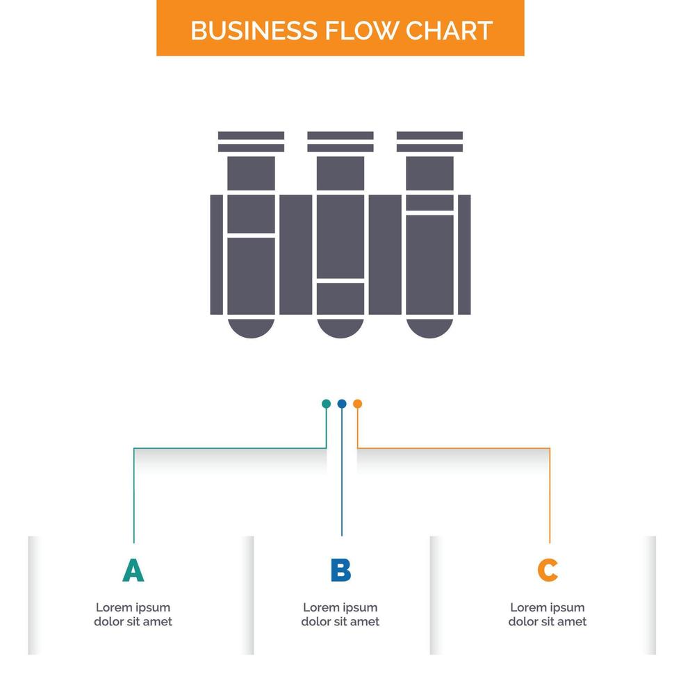 prueba. tubo. Ciencias. laboratorio. diseño de diagrama de flujo de negocios de sangre con 3 pasos. icono de glifo para el lugar de plantilla de fondo de presentación para texto. vector