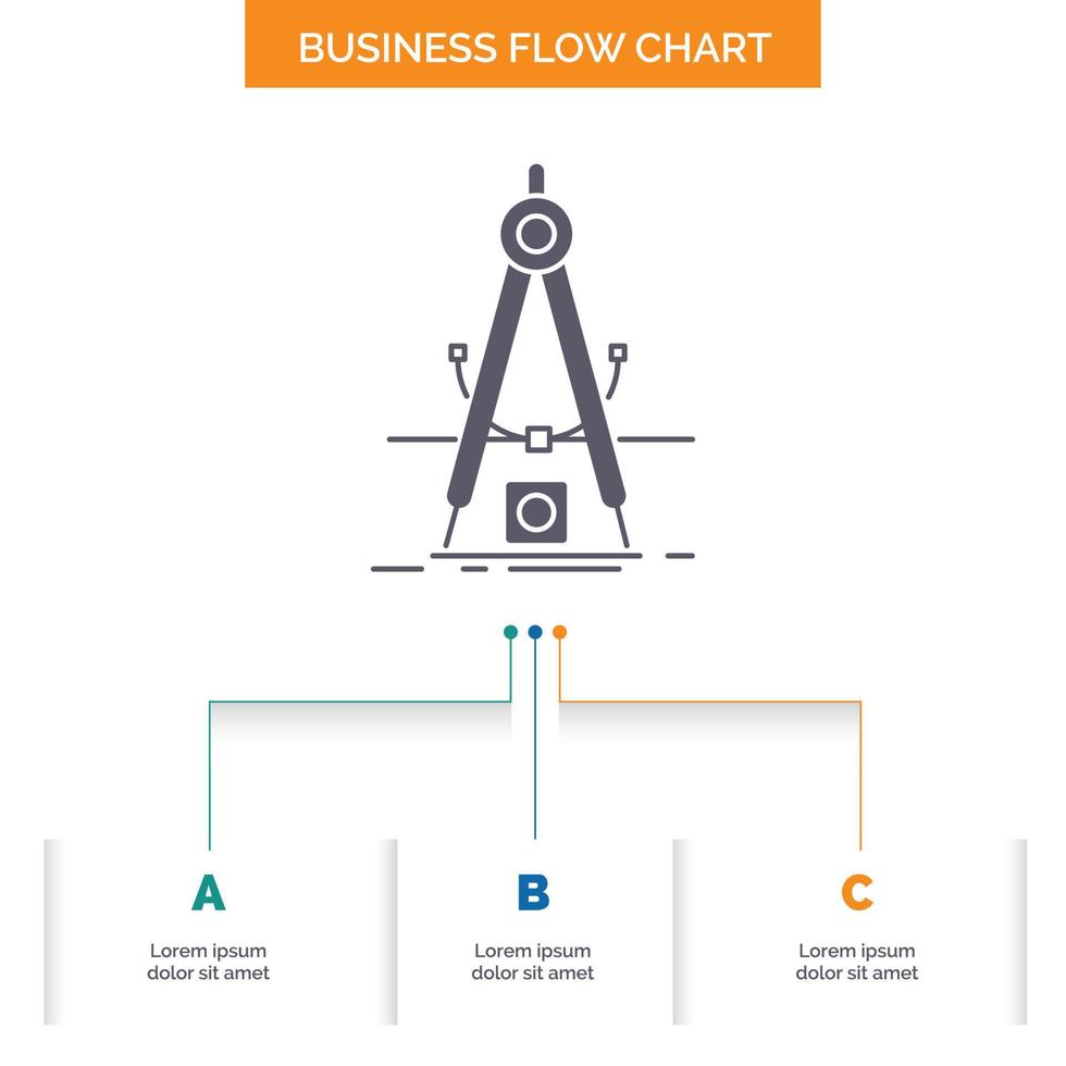 diseño. medida. producto. refinamiento. diseño de diagrama de flujo empresarial de desarrollo con 3 pasos. icono de glifo para el lugar de plantilla de fondo de presentación para texto. vector