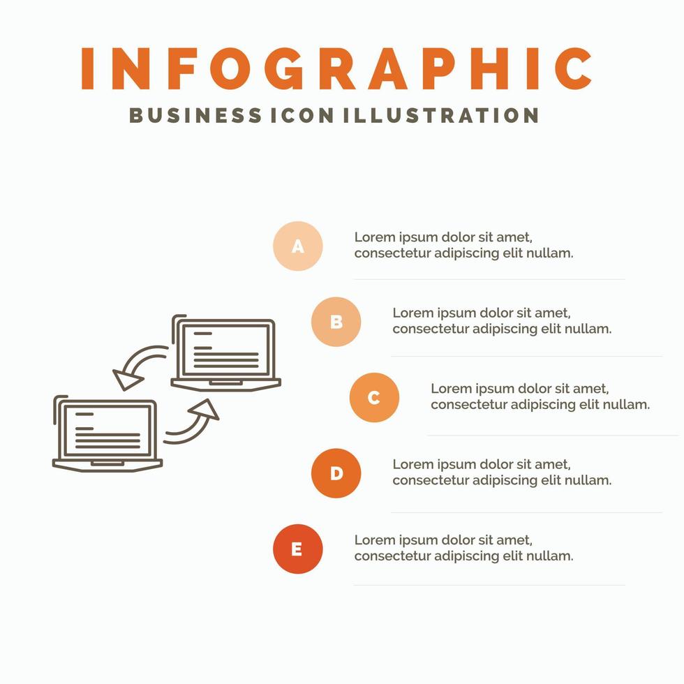 computadora. conexión. Enlace. la red. plantilla de infografía de sincronización para sitio web y presentación. icono de línea gris con ilustración de vector de estilo infográfico naranja