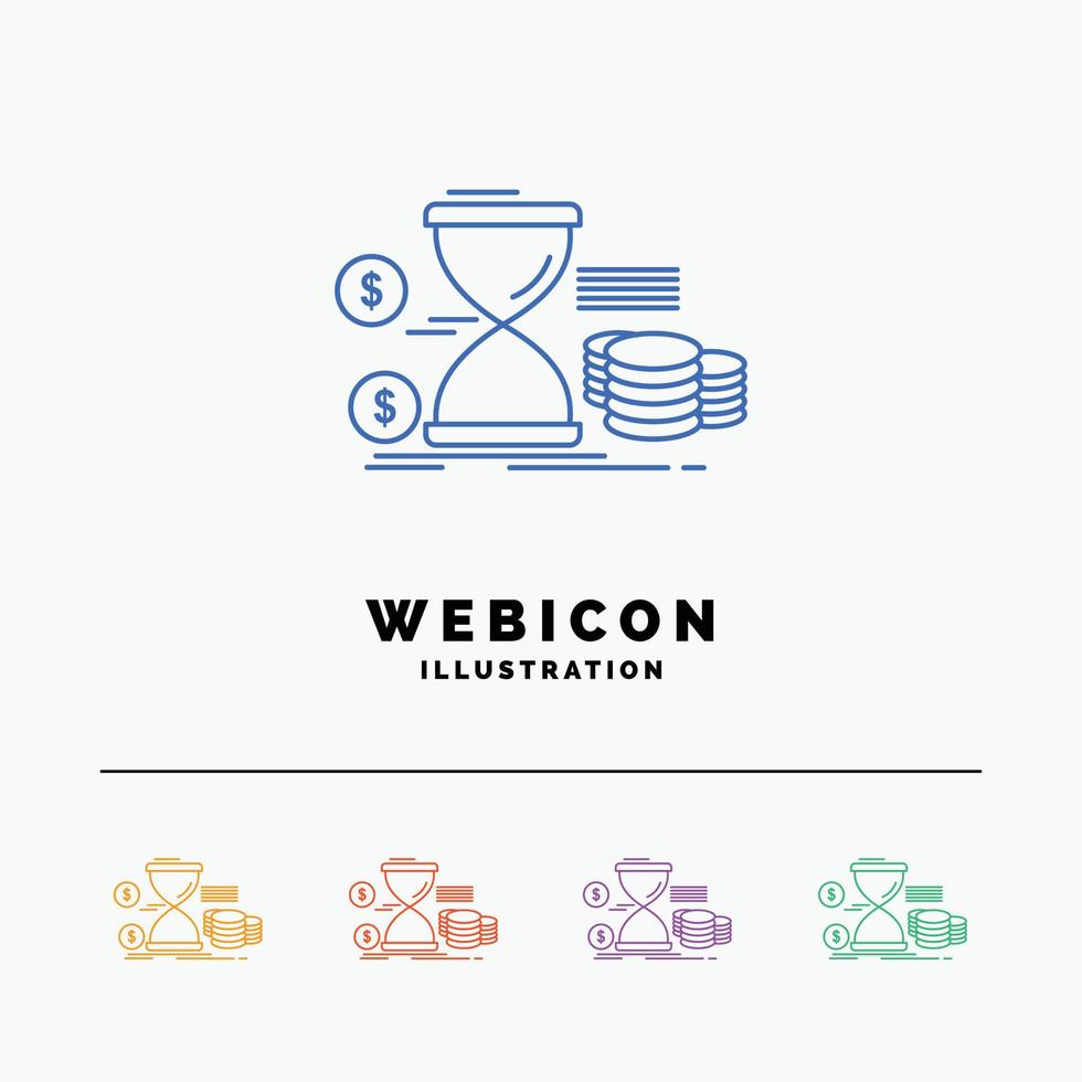 Hourglass. management. money. time. coins 5 Color Line Web Icon Template isolated on white. Vector illustration