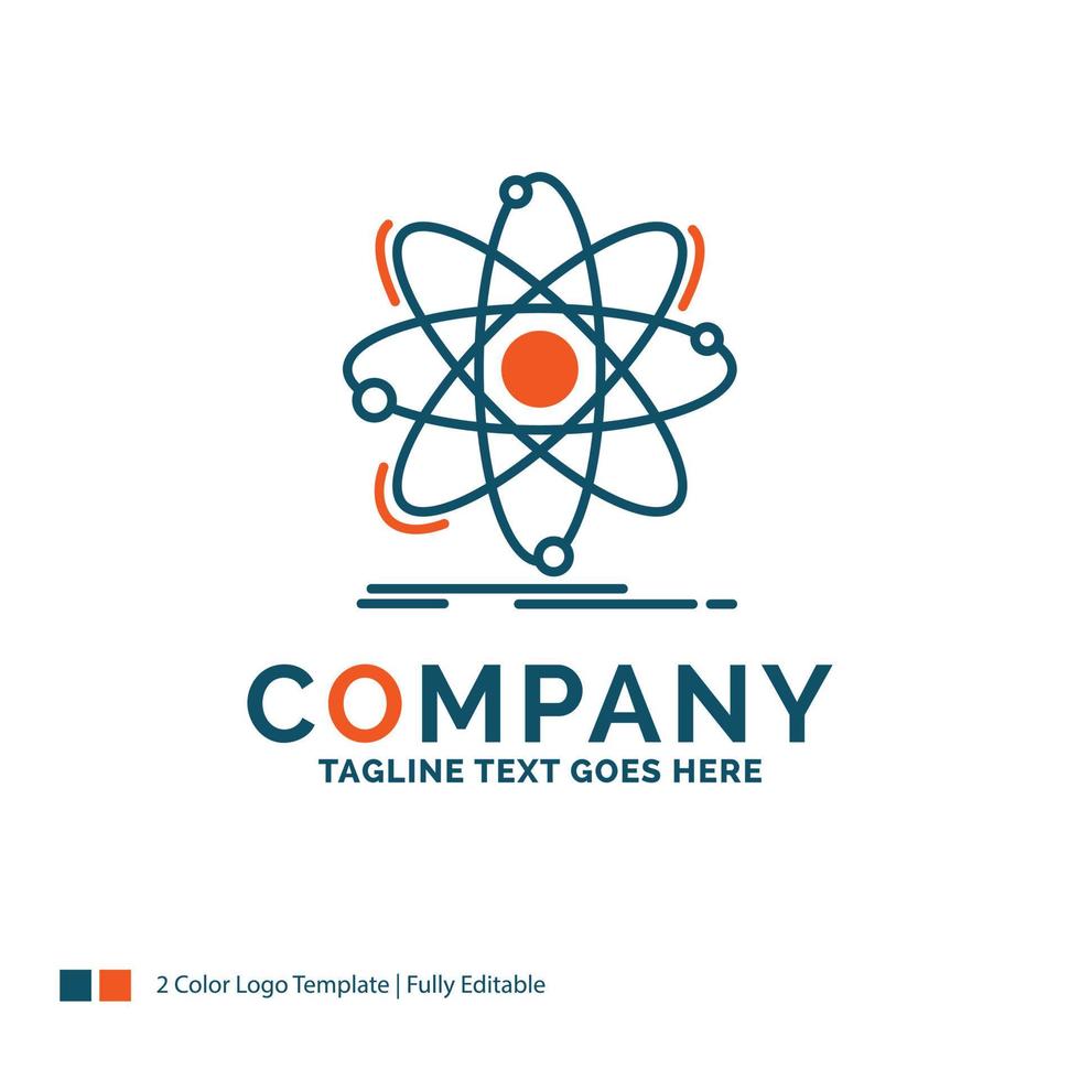 átomo. Ciencias. química. física. diseño de logotipo nuclear. diseño de marca azul y naranja. lugar para el eslogan. plantilla de logotipo de empresa. vector