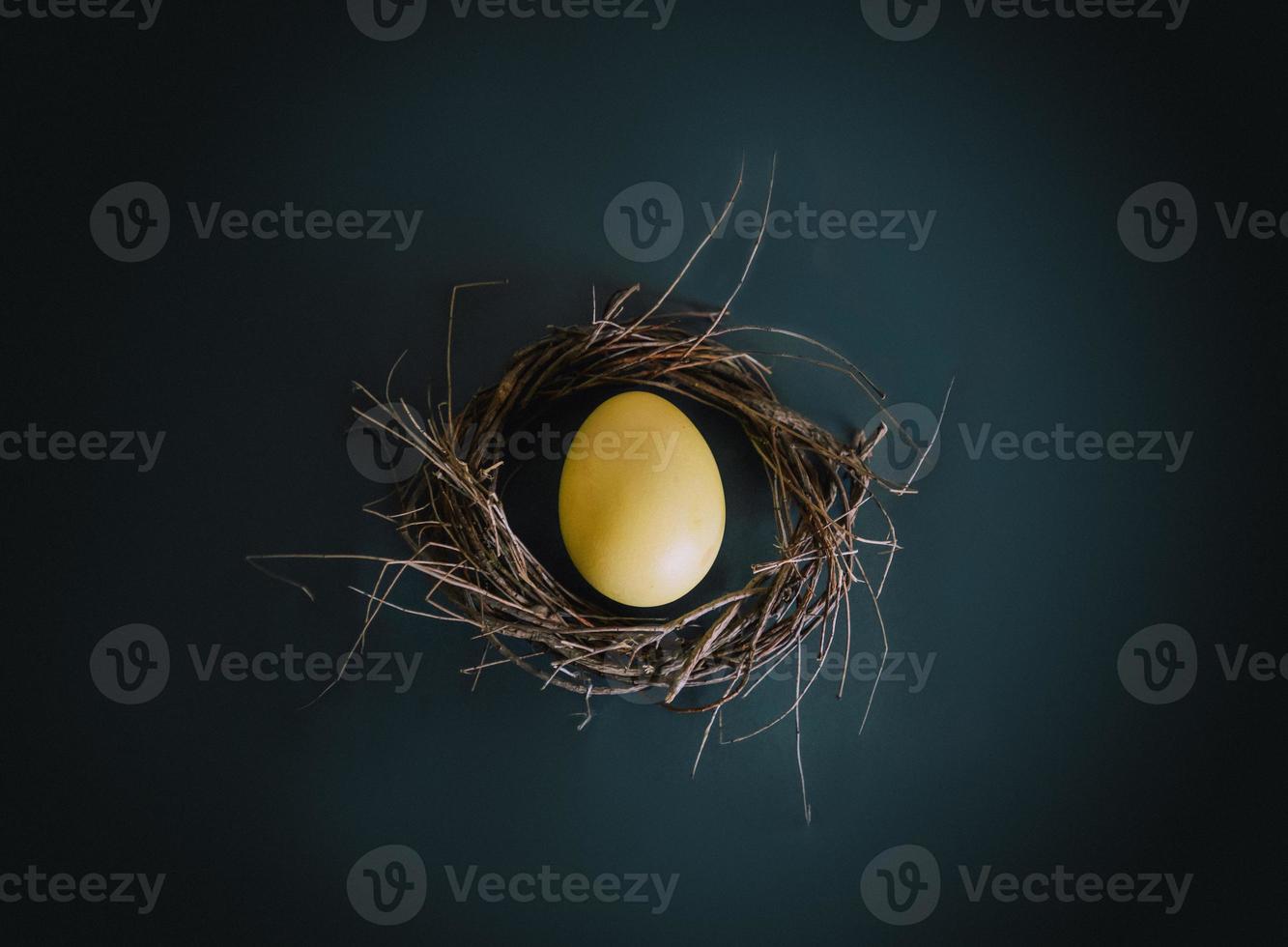 One yellow easter egg in a basket photo