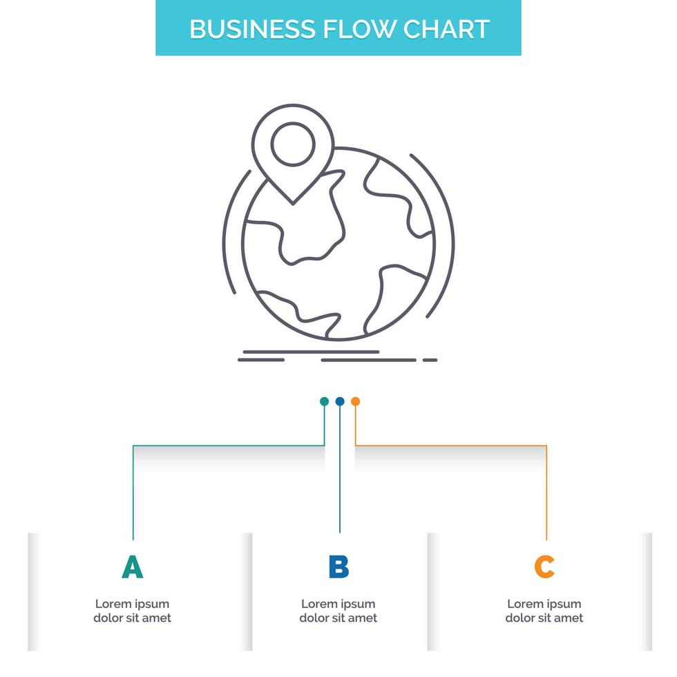 location. globe. worldwide. pin. marker Business Flow Chart Design with 3 Steps. Line Icon For Presentation Background Template Place for text vector