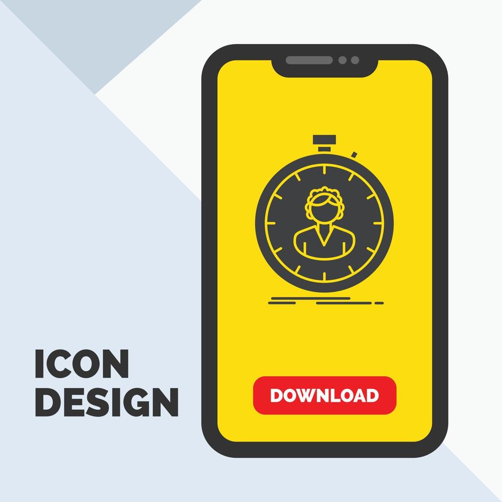 fast. speed. stopwatch. timer. girl Glyph Icon in Mobile for Download Page. Yellow Background vector