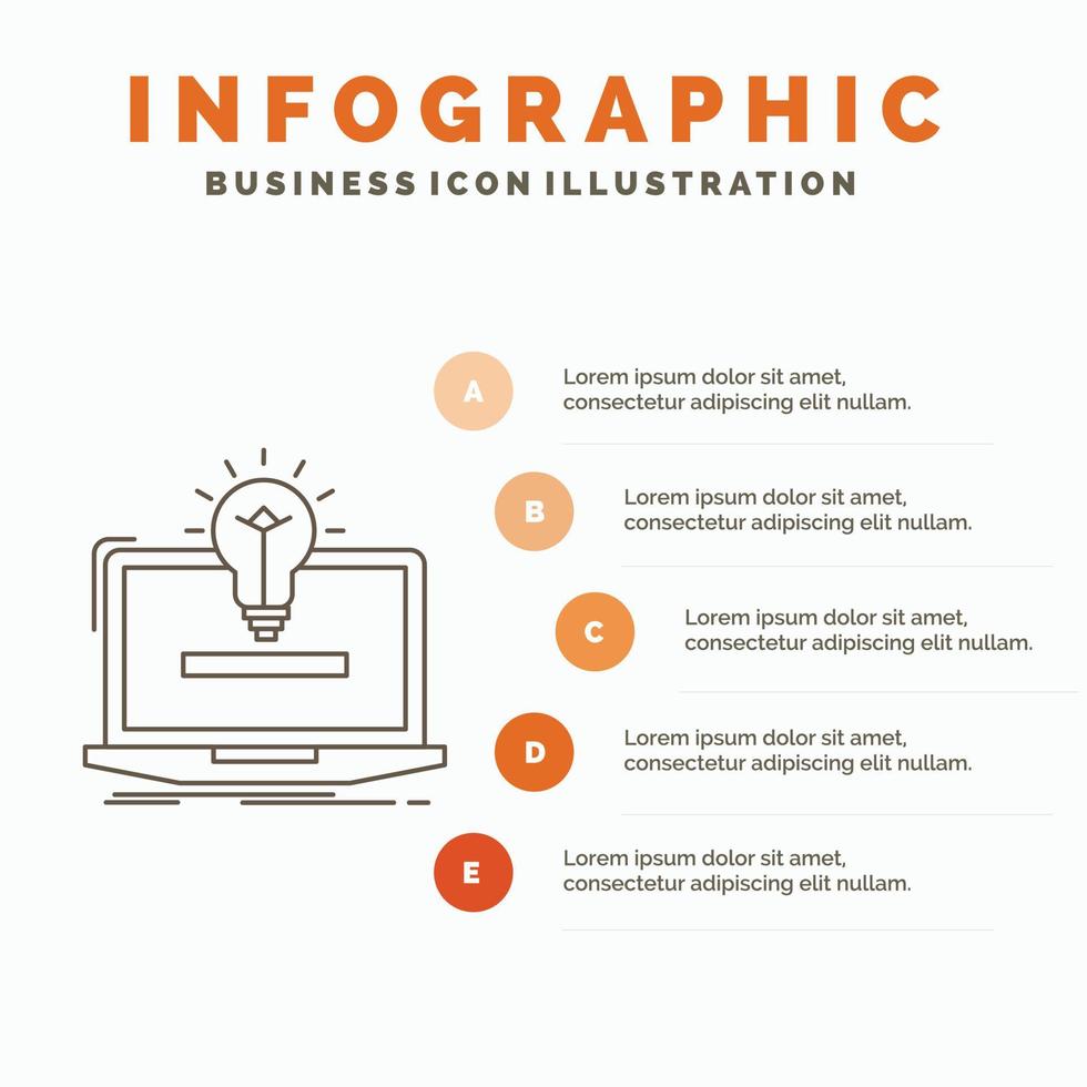 computadora portátil. solución. ocurrencia. bulbo. plantilla de infografía de solución para sitio web y presentación. icono de línea gris con ilustración de vector de estilo infográfico naranja