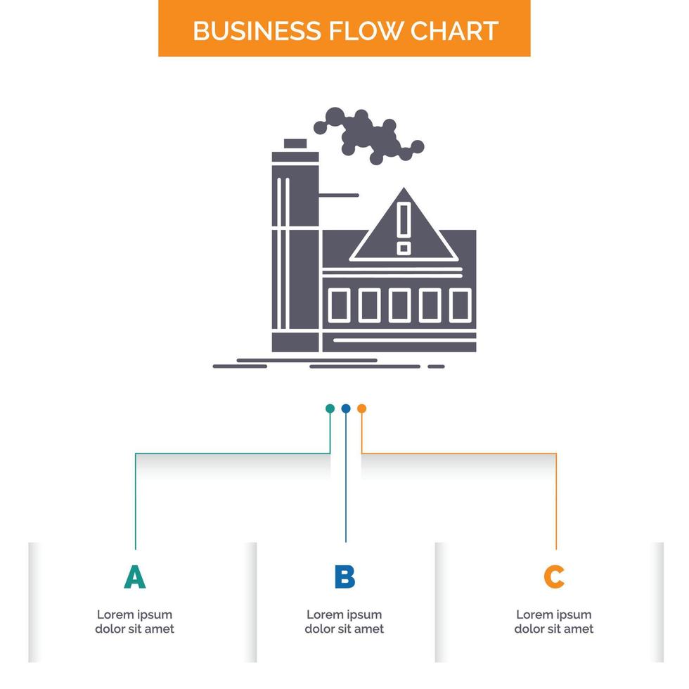 contaminación. fábrica. aire. alerta. diseño de diagrama de flujo de negocios de la industria con 3 pasos. icono de glifo para el lugar de plantilla de fondo de presentación para texto. vector