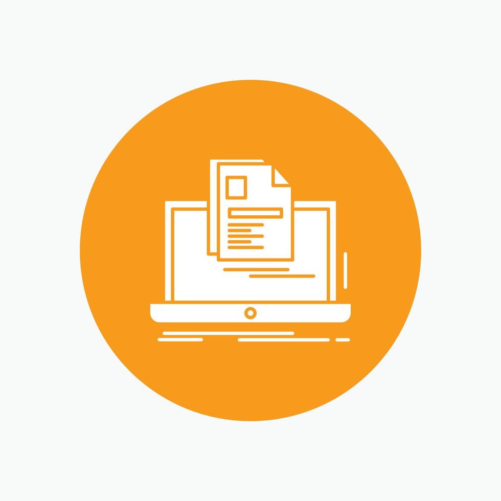 account. Laptop. Report. Print. Resume White Glyph Icon in Circle. Vector Button illustration