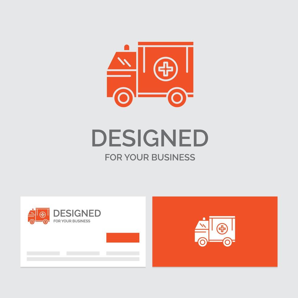 plantilla de logotipo de empresa para ambulancia. camión. médico. ayuda. camioneta. tarjetas de visita naranjas con plantilla de logotipo de marca. vector