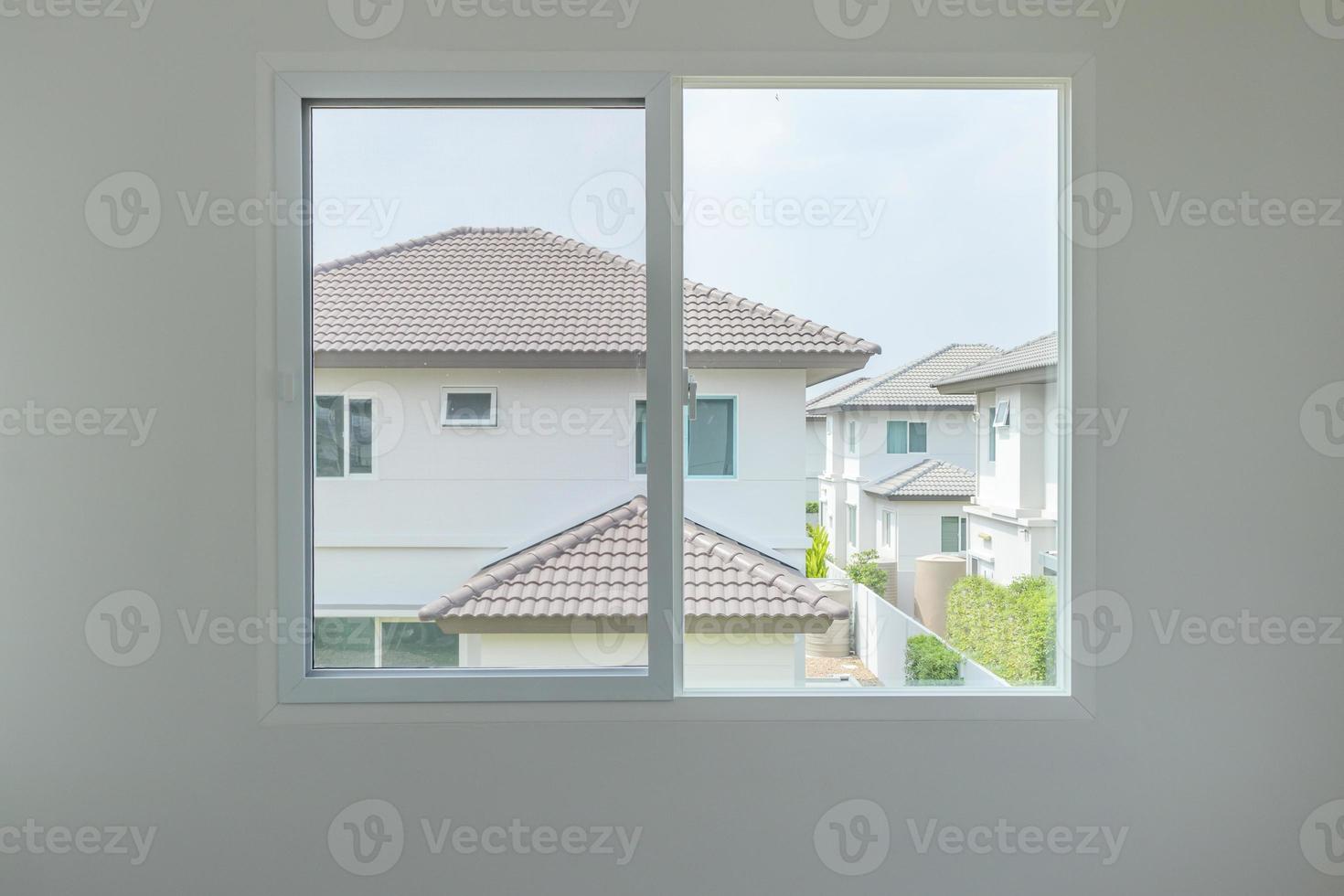 Glass window frame house interior on white wall photo