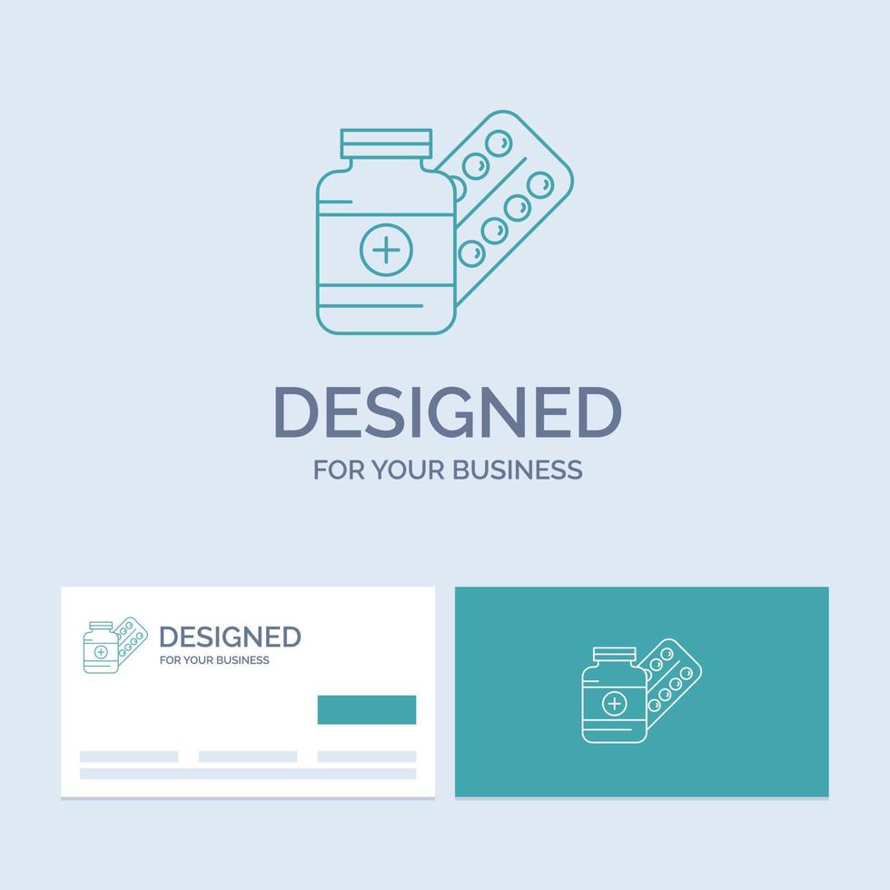 medicine. Pill. capsule. drugs. tablet Business Logo Line Icon Symbol for your business. Turquoise Business Cards with Brand logo template vector