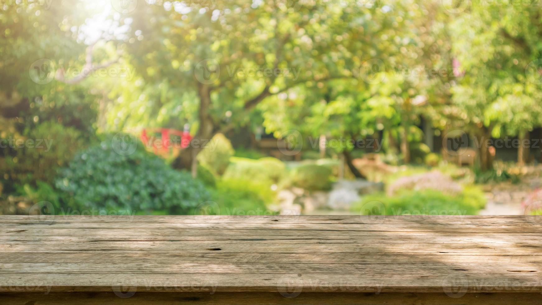 Empty wood table top with abstract blur park garden pond background photo
