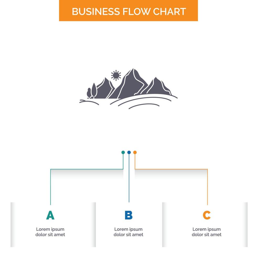 Cerro. paisaje. naturaleza. montaña. diseño de diagrama de flujo de negocios de sol con 3 pasos. icono de glifo para el lugar de plantilla de fondo de presentación para texto. vector