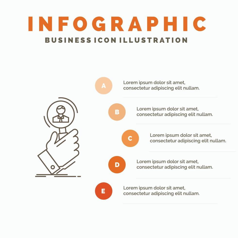 reclutamiento. búsqueda. encontrar. Recursos humanos. plantilla de infografías de personas para sitio web y presentación. icono de línea gris con ilustración de vector de estilo infográfico naranja