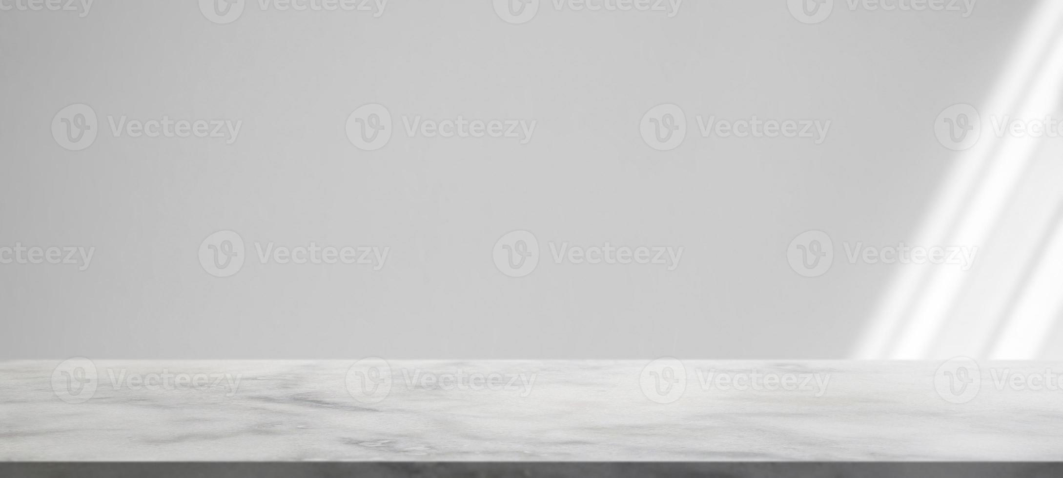 Marble table with window shadow drop on white wall background for mockup product display photo