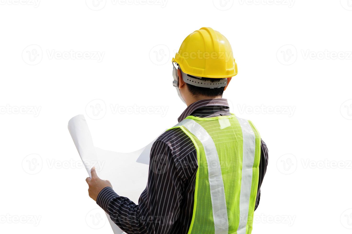 Asian business man construction engineer hold blueprint paper isolated on white background photo