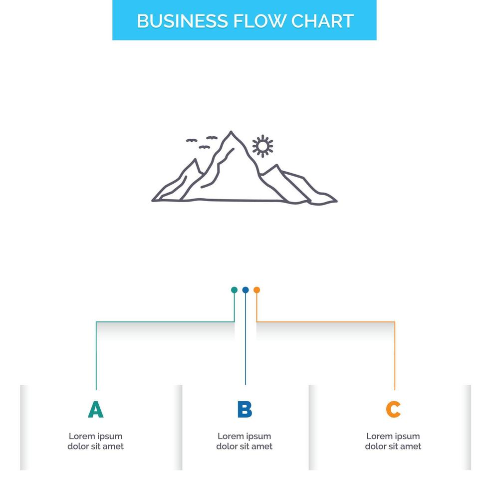 mountain. landscape. hill. nature. sun Business Flow Chart Design with 3 Steps. Line Icon For Presentation Background Template Place for text vector