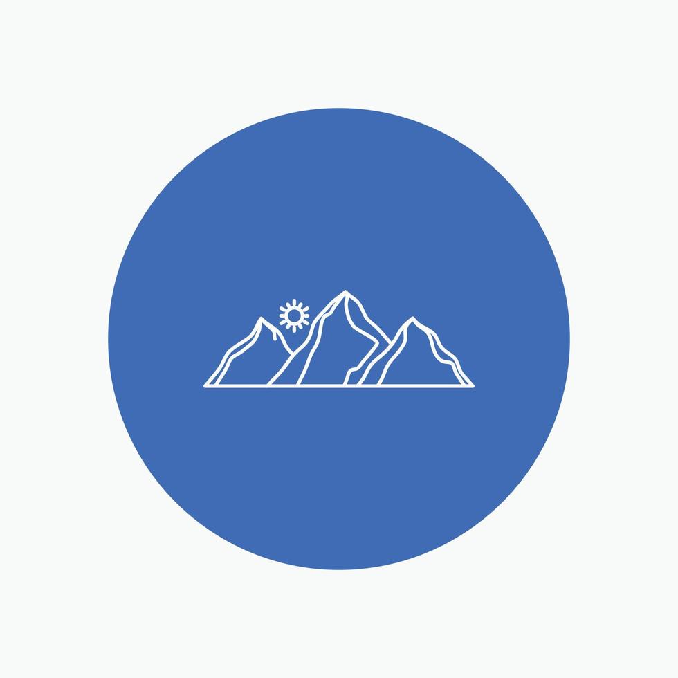 Cerro. paisaje. naturaleza. montaña. icono de línea blanca de sol en el fondo del círculo. ilustración de icono de vector