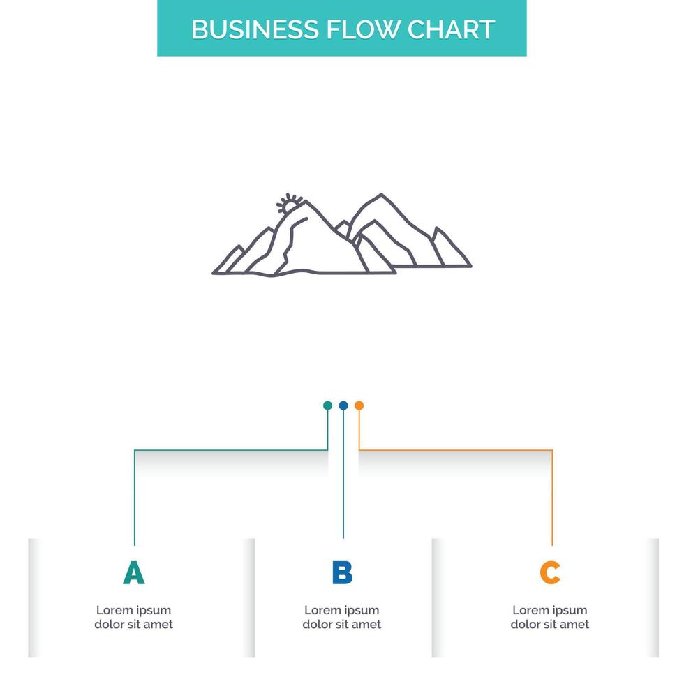 montaña. paisaje. Cerro. naturaleza. diseño de diagrama de flujo de negocios de escena con 3 pasos. icono de línea para el lugar de plantilla de fondo de presentación para texto vector