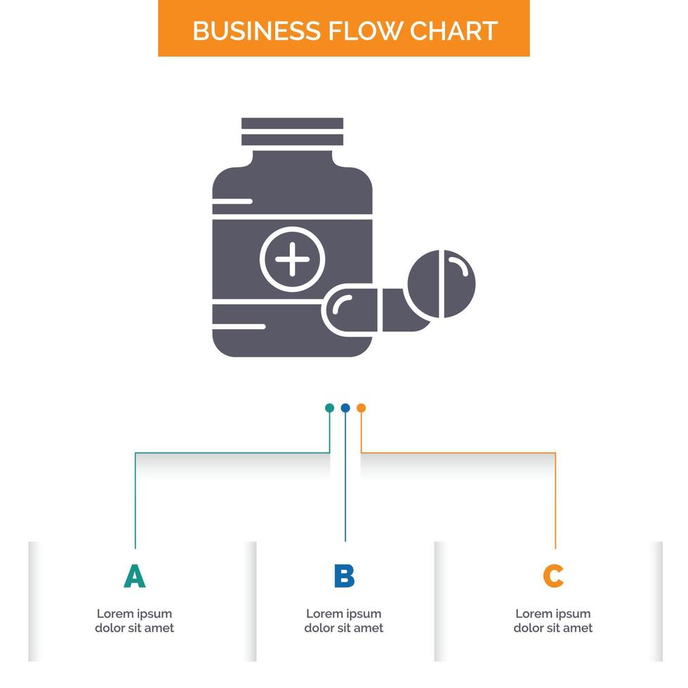 medicine. Pill. capsule. drugs. tablet Business Flow Chart Design with 3 Steps. Glyph Icon For Presentation Background Template Place for text. vector