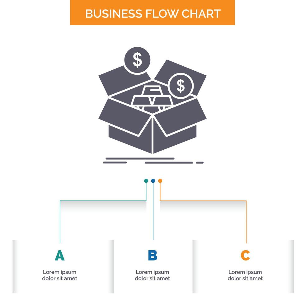 ahorros. caja. presupuesto. dinero. diseño de diagrama de flujo de negocio de crecimiento con 3 pasos. icono de glifo para el lugar de plantilla de fondo de presentación para texto. vector