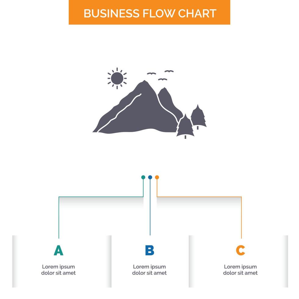 mountain. landscape. hill. nature. scene Business Flow Chart Design with 3 Steps. Glyph Icon For Presentation Background Template Place for text. vector