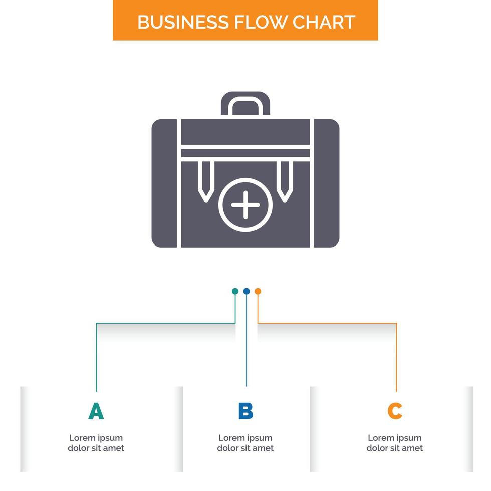 bolsa. cámping. salud. senderismo. diseño de diagrama de flujo de negocios de equipaje con 3 pasos. icono de glifo para el lugar de plantilla de fondo de presentación para texto. vector