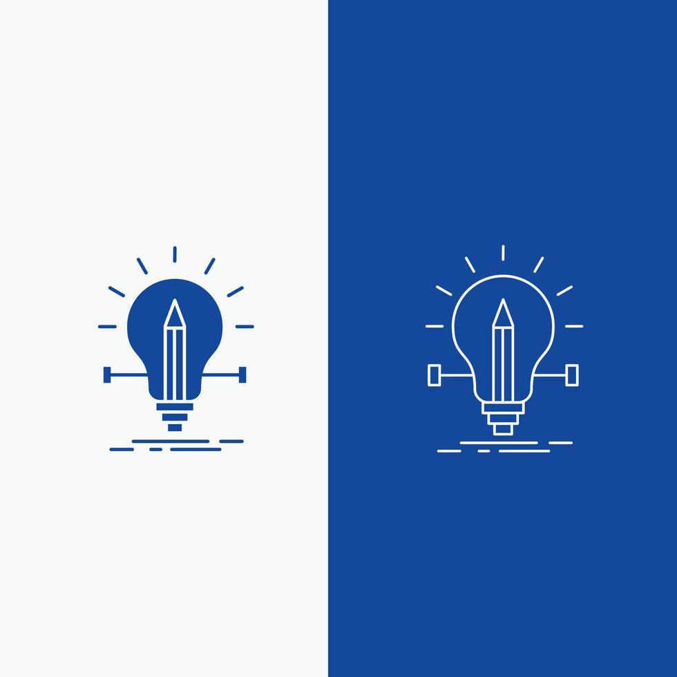 bulbo. creativo. solución. luz. línea de lápiz y botón web de glifo en banner vertical de color azul para ui y ux. sitio web o aplicación móvil vector