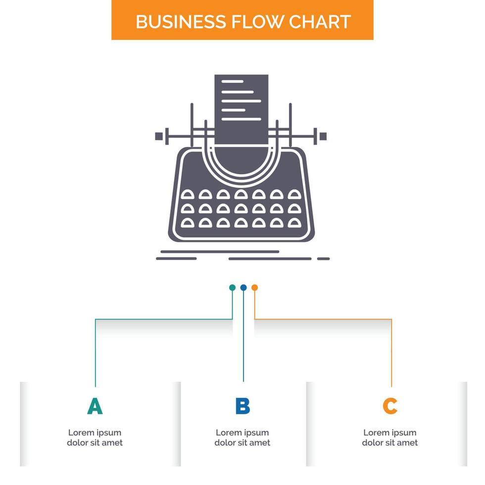 Article. blog. story. typewriter. writer Business Flow Chart Design with 3 Steps. Glyph Icon For Presentation Background Template Place for text. vector