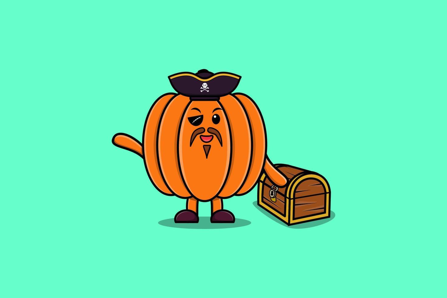 Pirata de calabaza de dibujos animados lindo con cofre del tesoro vector