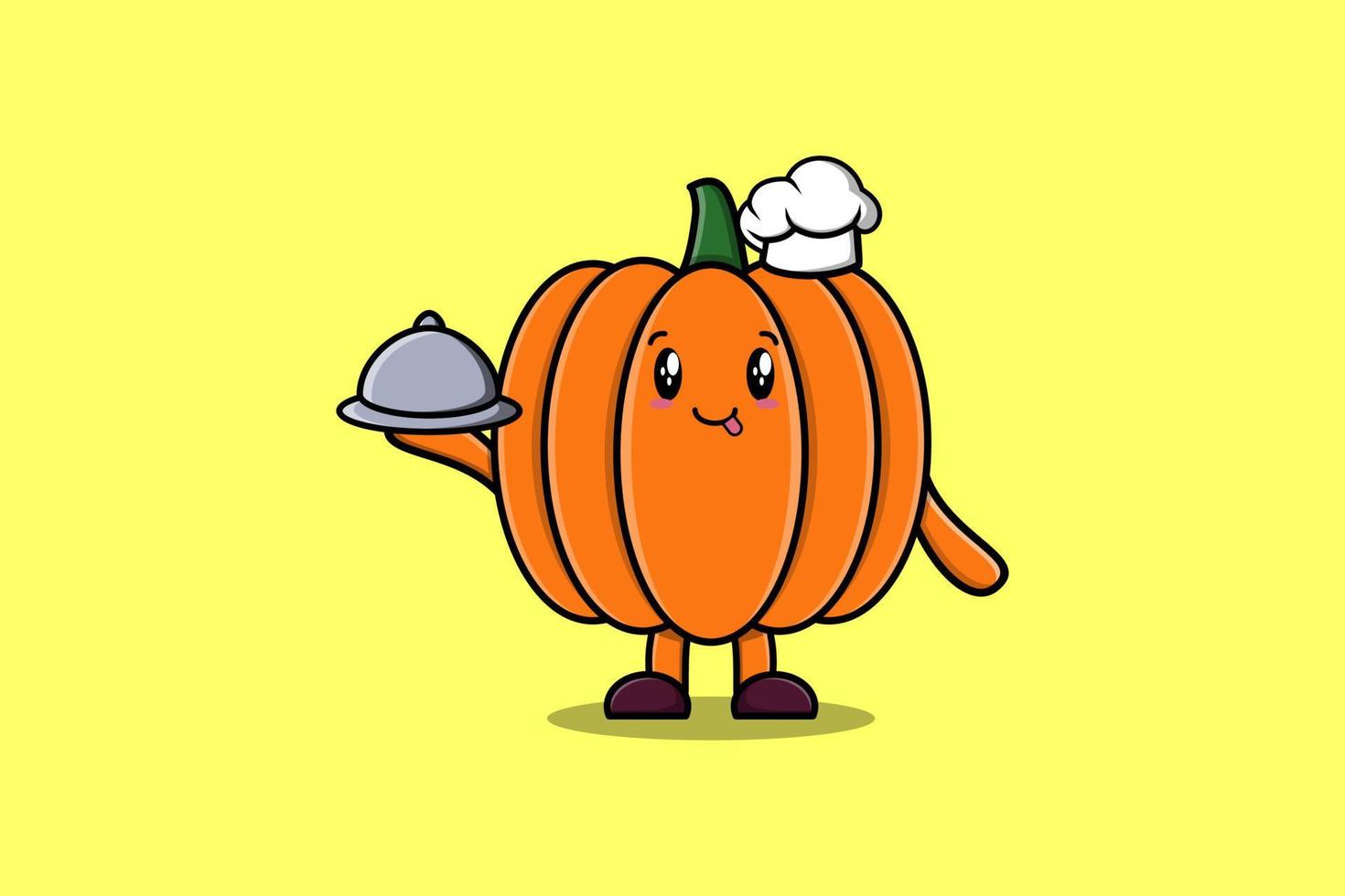 Cute Cartoon chef Pumpkin serving food on tray vector
