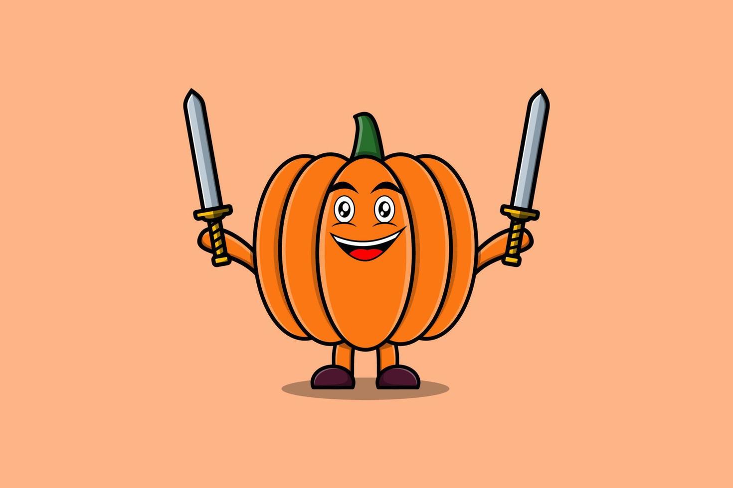 Cute cartoon Pumpkin holding sword and shield vector